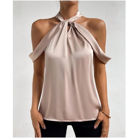038 Luxe Cold Shoulder Keyhole Back Satin Top - Picture 2 of 4